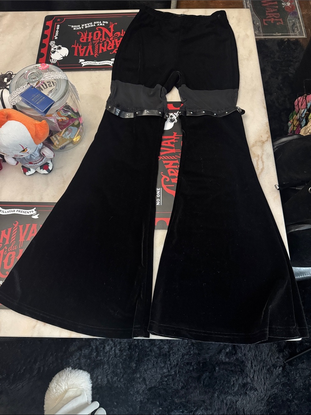 Black Flared Velvet pants  with Studded Trim - Brand Unspecified